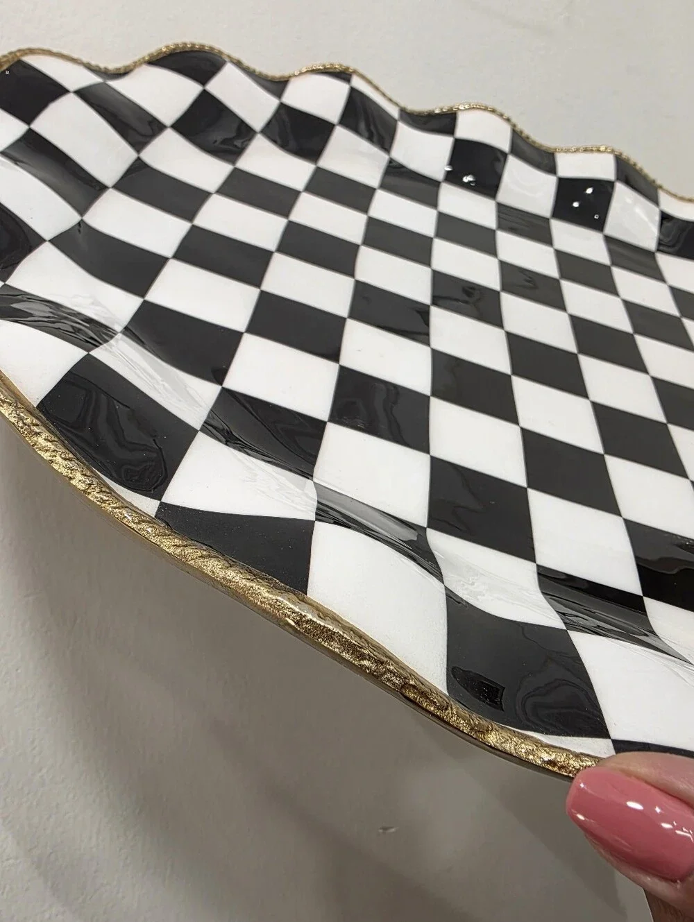 Checkerboard Black and White Decorative Serving Platter with Gold Trim